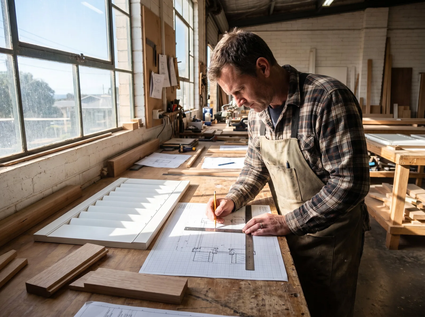 A shutter specifier drawing a window cross-section at a workshop bench, shutter panel and blade offcuts beside him