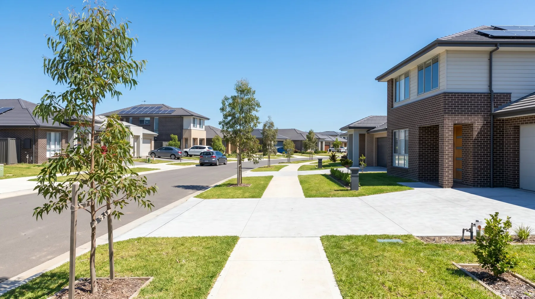 A new residential estate street with contemporary homes and wide driveways
