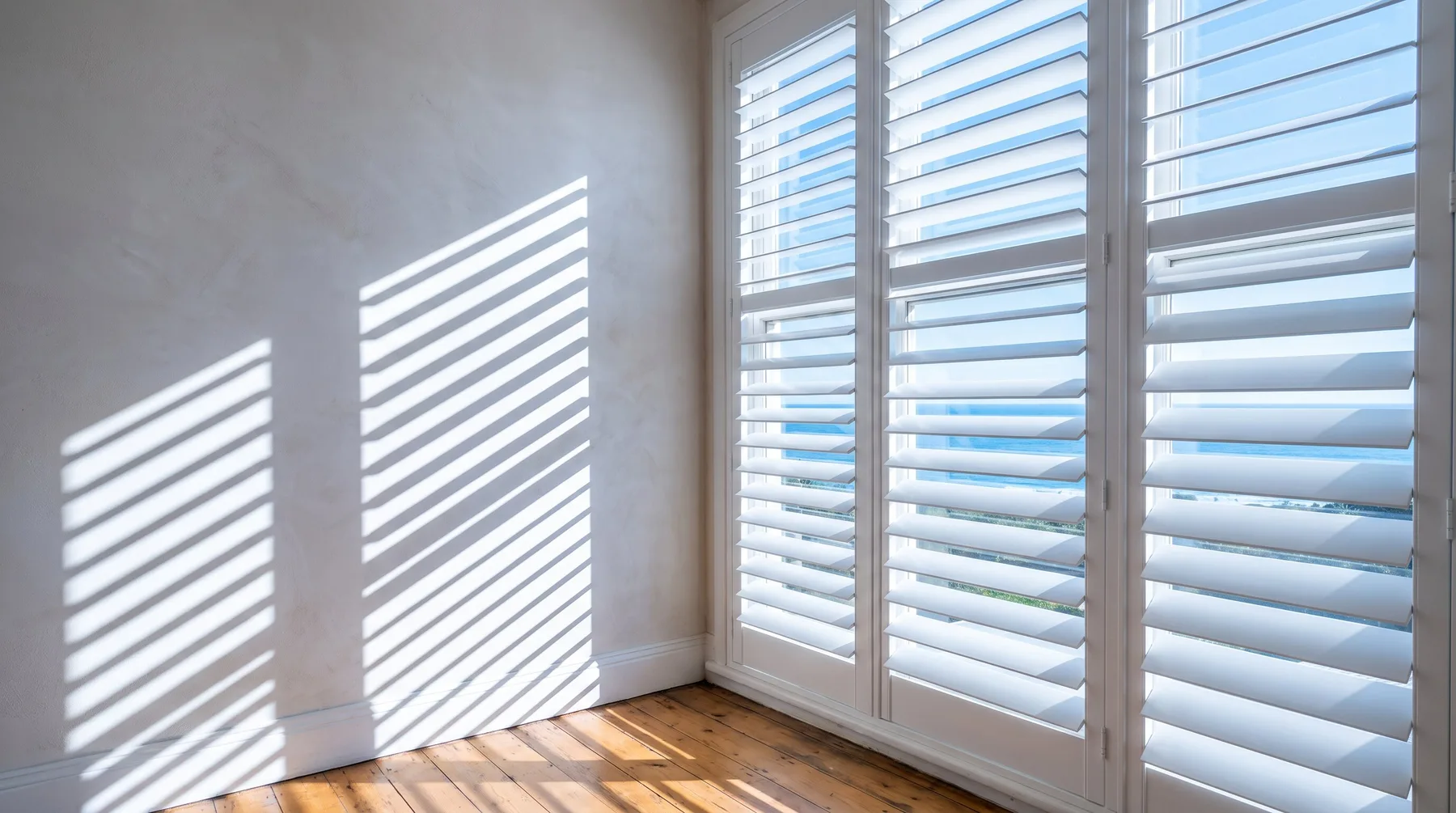 Hard morning light raking through half-open plantation shutter louvres, casting sharp shadow stripes across a wall and timber floor