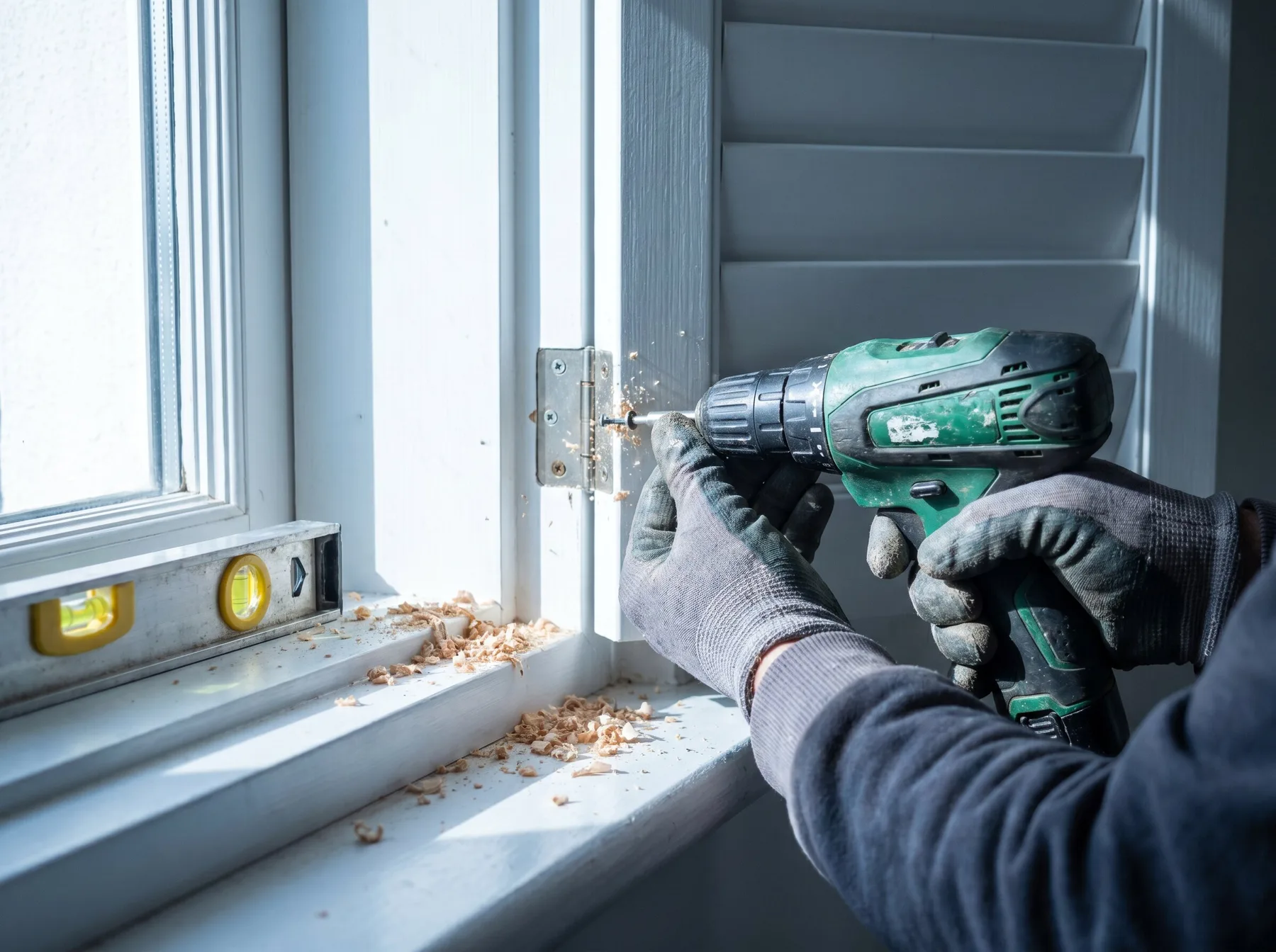 Hands driving a hinge screw with a drill while fitting a shutter frame, spirit level on the sill