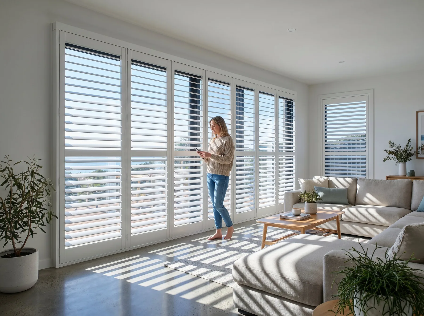 Motorised plantation shutters across wide glass in a new-build living area