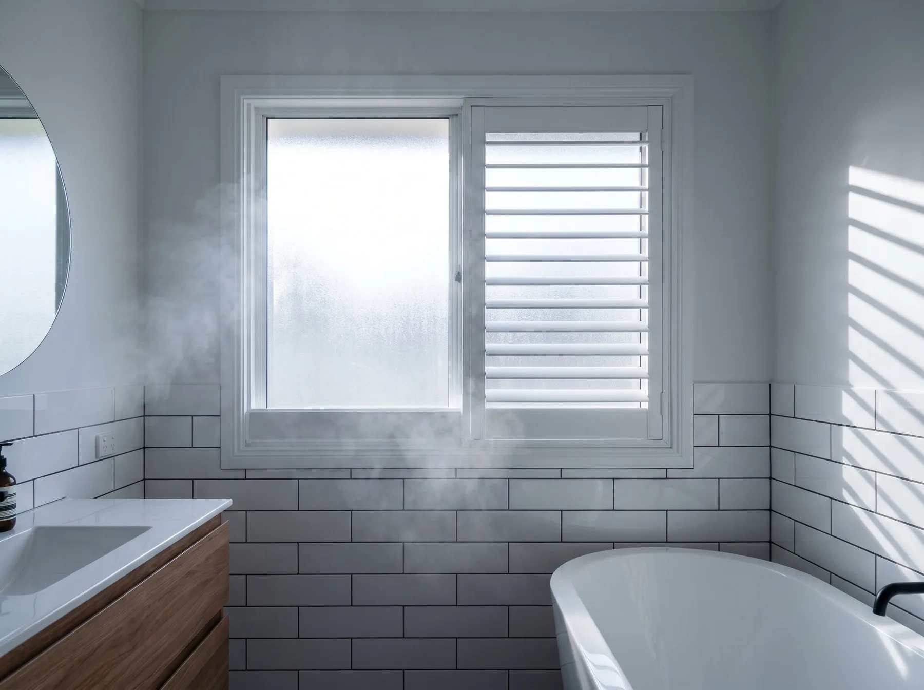 White PVC plantation shutters on a frosted bathroom window above white subway tiles